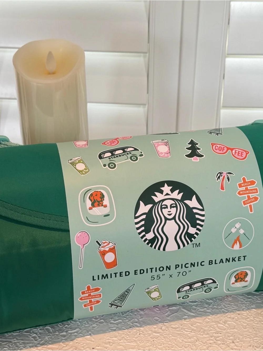 Starbucks Green Picnic Blanket with Logo and Sticker Art